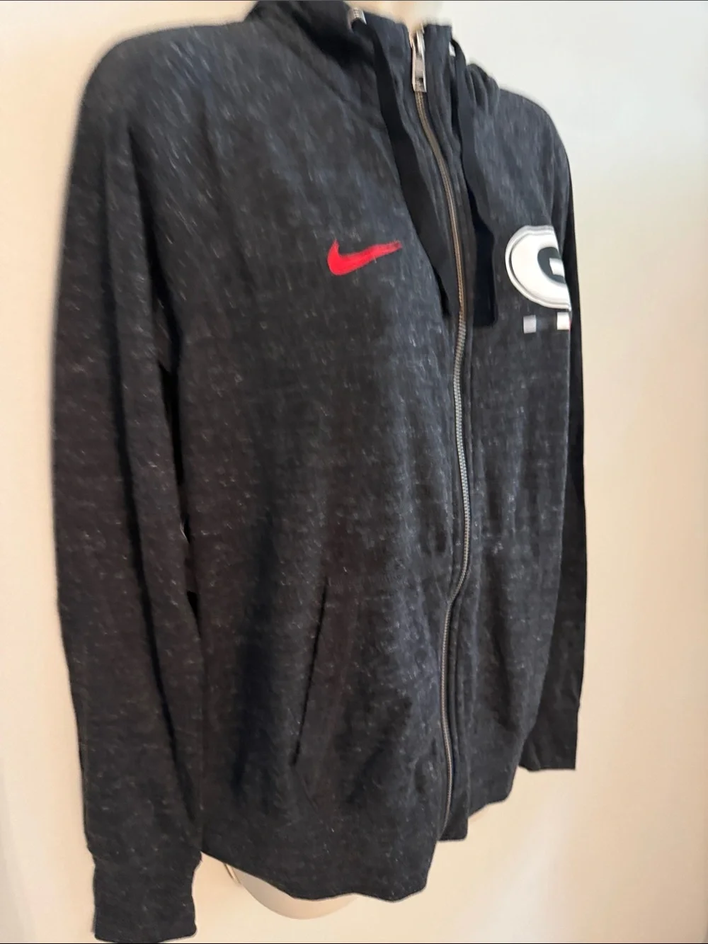 Nike UGA Black Heather Full-Zip Hoodie with Red Swoosh and White Logo